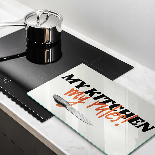 Skärbräda i härdat glas Inskriptionen Mitt kök mina regler