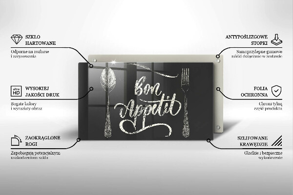 Skärbräda i härdat glas Inskriptionen Bon Appetit