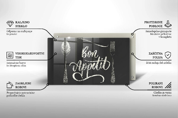 Skärbräda i härdat glas Inskriptionen Bon Appetit