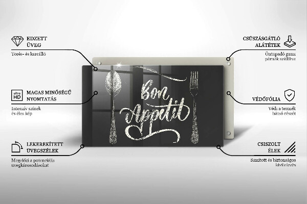 Skärbräda i härdat glas Inskriptionen Bon Appetit