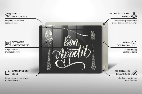 Skärbräda i härdat glas Inskriptionen Bon Appetit