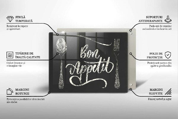 Skärbräda i härdat glas Inskriptionen Bon Appetit