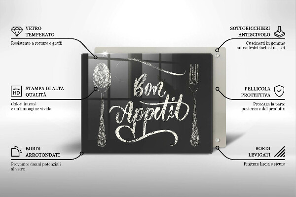 Skärbräda i härdat glas Inskriptionen Bon Appetit