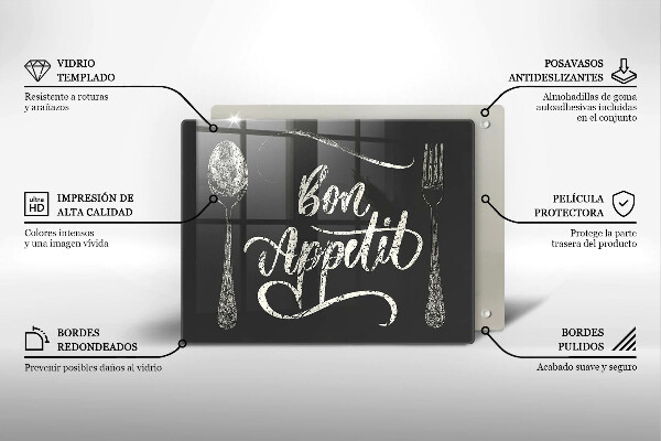 Skärbräda i härdat glas Inskriptionen Bon Appetit