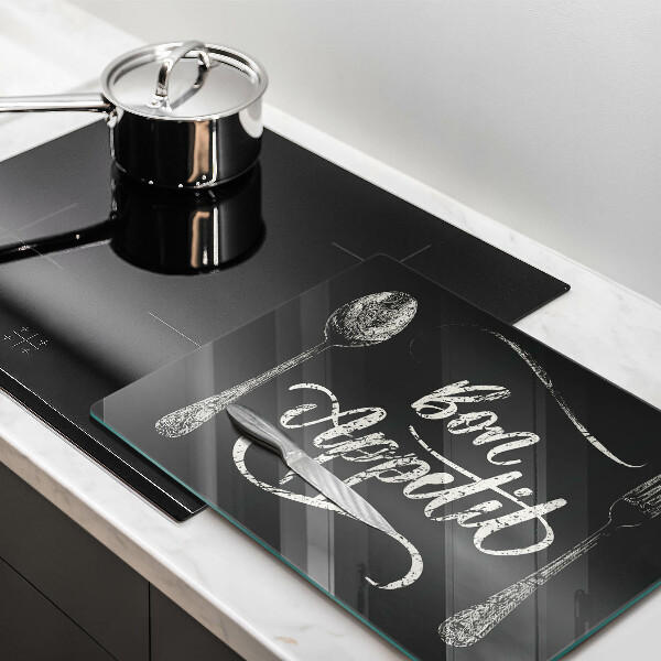 Skärbräda i härdat glas Inskriptionen Bon Appetit