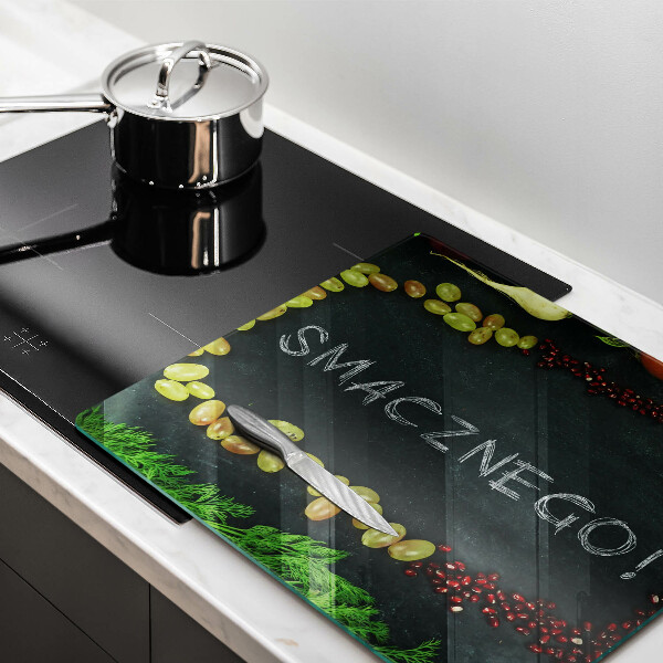 Skärbräda av glas Inskriptionen Bon appetit!