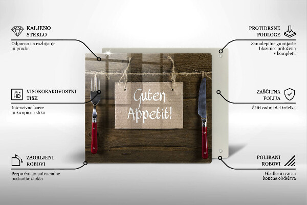 Skärbräda av glas På brädorna står det Guten Apetit