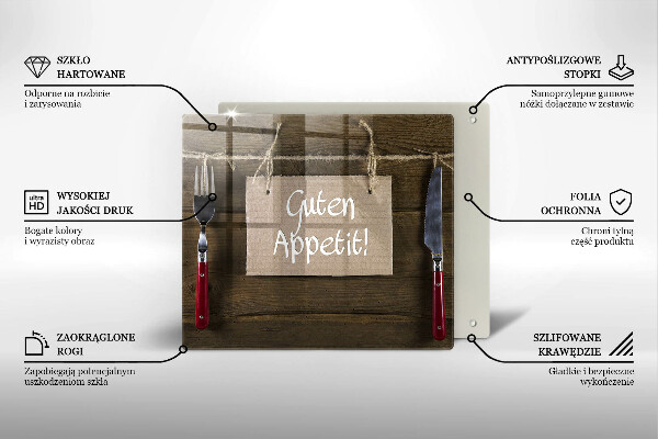 Skärbräda av glas På brädorna står det Guten Apetit