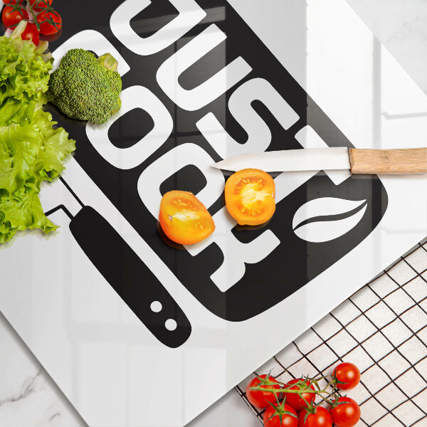 Skärbräda av glas Köksskylt Bara laga mat