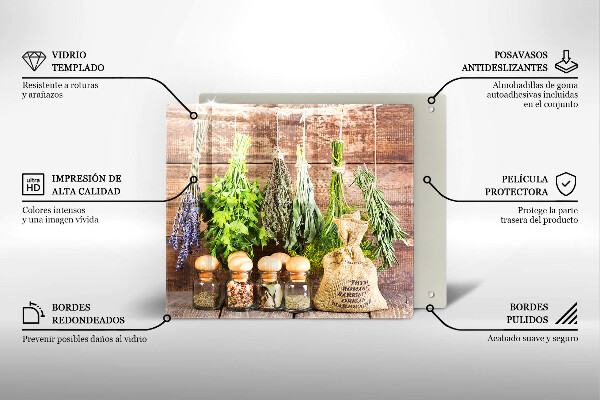 Skärbräda av glas Örter Kryddor och trä