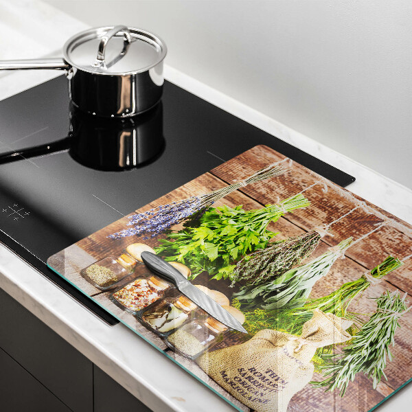 Skärbräda av glas Örter Kryddor och trä