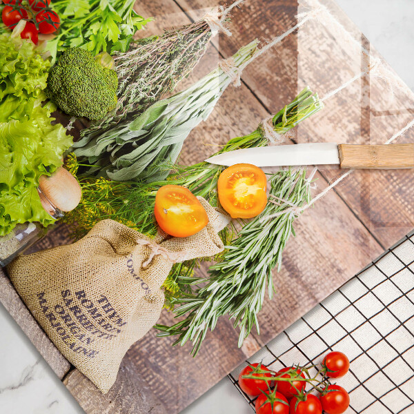 Skärbräda av glas Örter Kryddor och trä