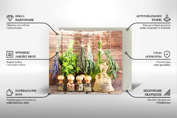 Skärbräda av glas Örter Kryddor och trä