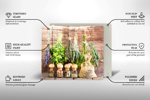 Skärbräda av glas Örter Kryddor och trä