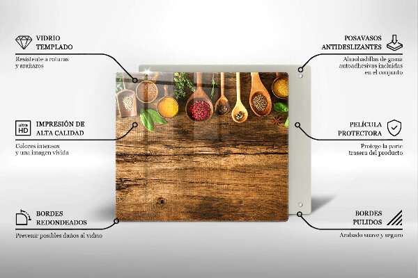 Skärbräda av glas Kryddskedar av trä