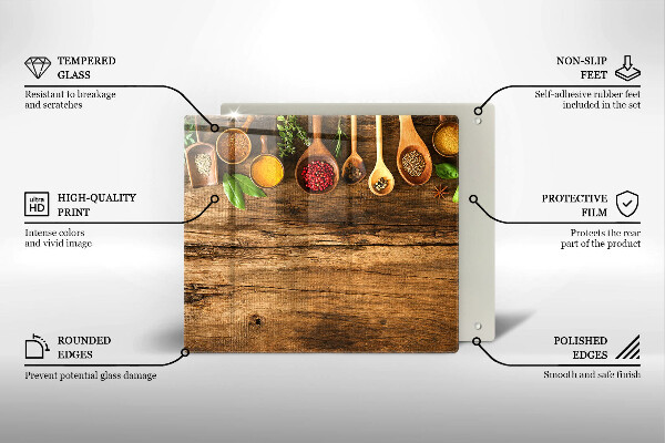 Skärbräda av glas Kryddskedar av trä