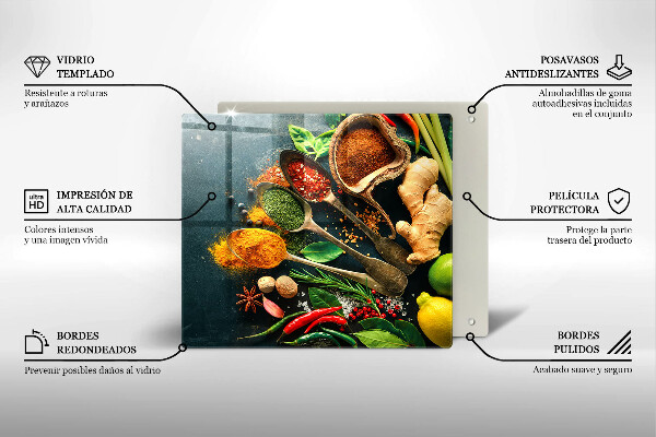 Skärbräda av glas Köks kryddor skedar