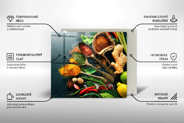 Skärbräda av glas Köks kryddor skedar