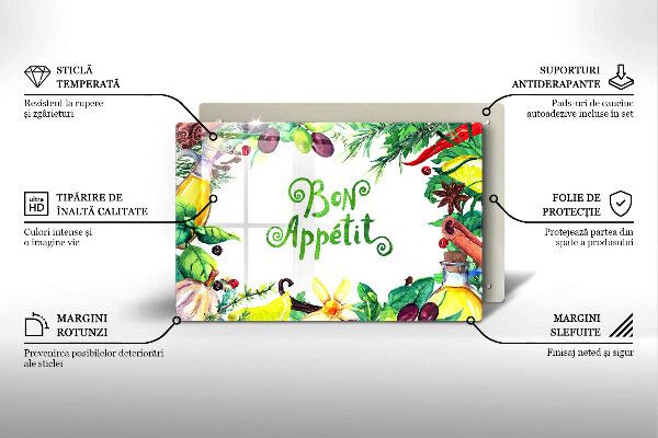 Skärbräda glas modern Inskriptionen Bon Appetit