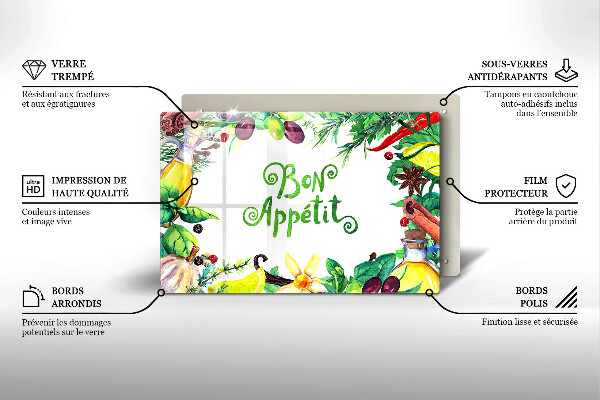 Skärbräda glas modern Inskriptionen Bon Appetit