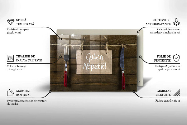 Skärbräda glas modern På brädorna står det Guten Appetit