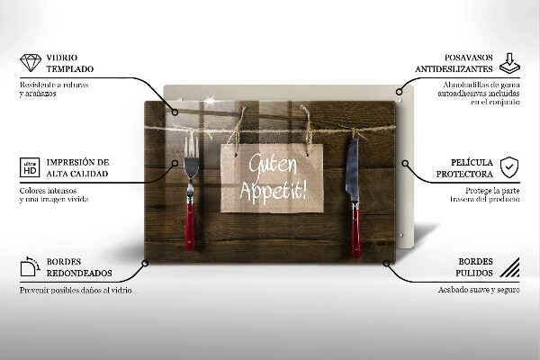 Skärbräda glas modern På brädorna står det Guten Appetit