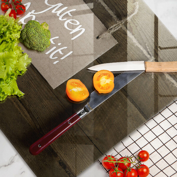 Skärbräda glas modern På brädorna står det Guten Appetit