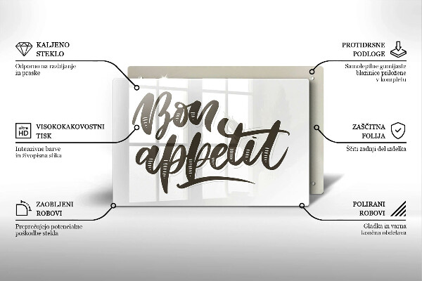 Skärbräda glas modern Inskriptionen Bon Appetit