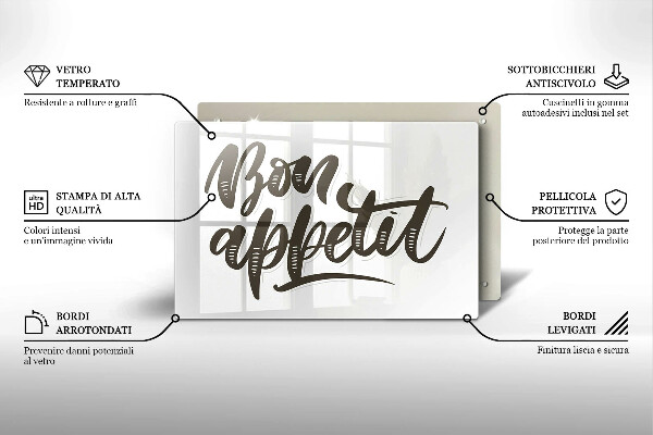 Skärbräda glas modern Inskriptionen Bon Appetit