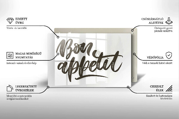 Skärbräda glas modern Inskriptionen Bon Appetit