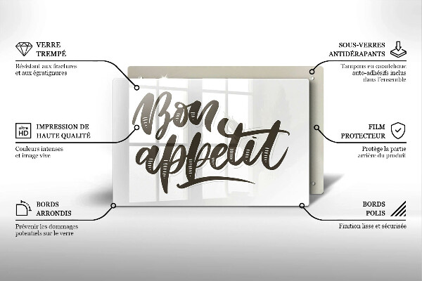 Skärbräda glas modern Inskriptionen Bon Appetit
