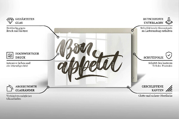 Skärbräda glas modern Inskriptionen Bon Appetit