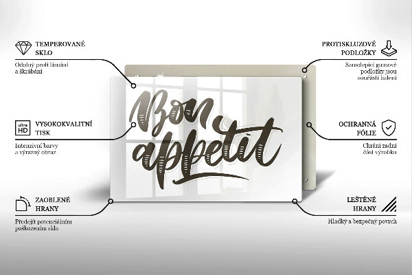 Skärbräda glas modern Inskriptionen Bon Appetit