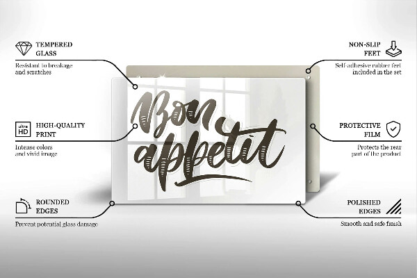 Skärbräda glas modern Inskriptionen Bon Appetit