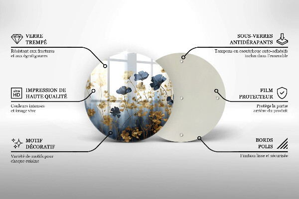 Skärbräda glas unik Blå och guld blommor