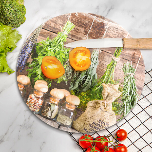 Skärbräda glas unik Örter kryddor och trä