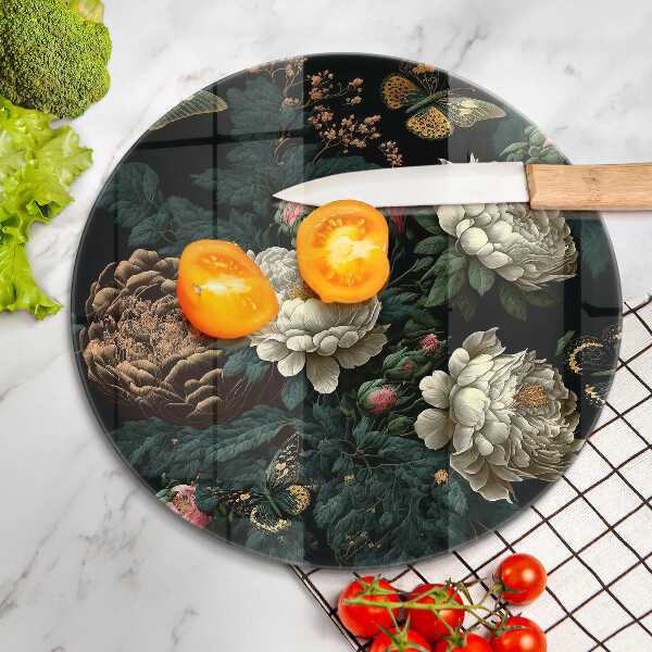 Skärbräda glas unik Vintage pionblommor