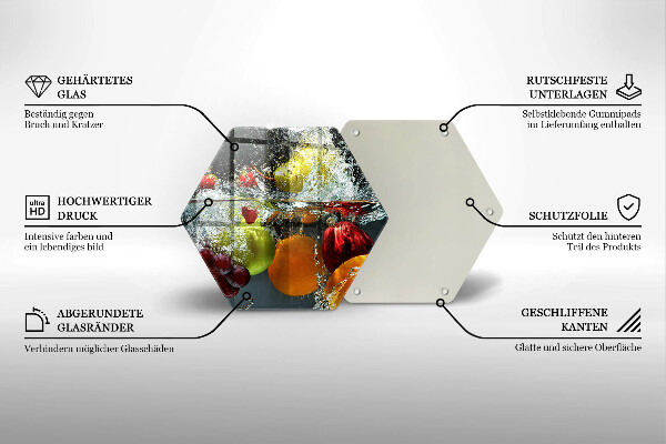 Skärbräda glas sexhörning Saftig frukt i vatten