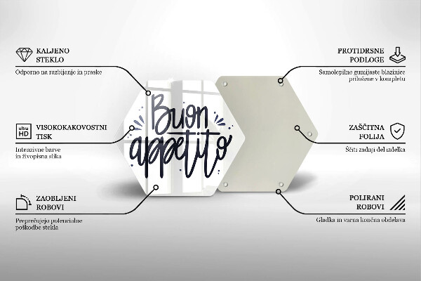 Skärbräda glas sexhörning Buon Appetito inskription