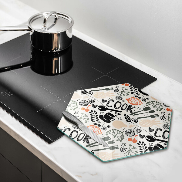 Skärbräda glas sexhörning Tecknat köksmotiv