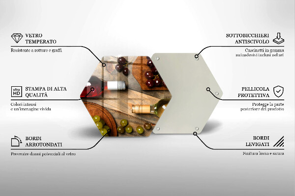 Skärbräda glas sexhörning Vinflaskor och druvor