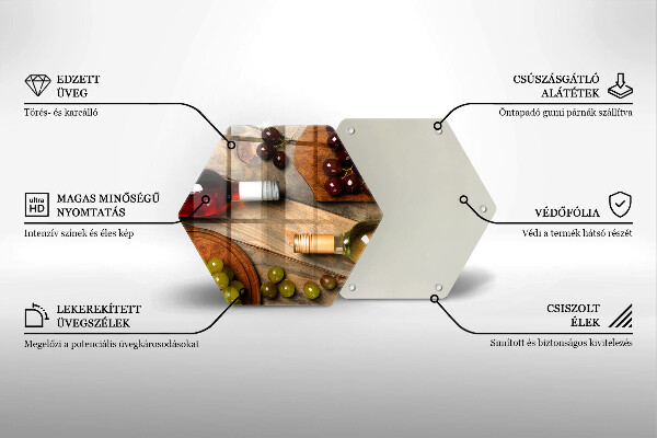 Skärbräda glas sexhörning Vinflaskor och druvor