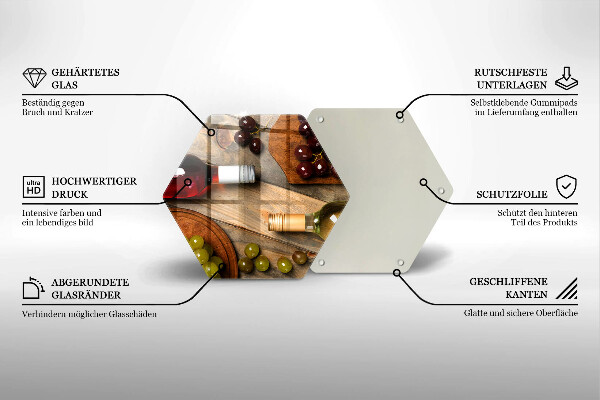 Skärbräda glas sexhörning Vinflaskor och druvor