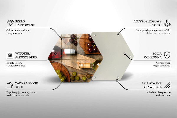 Skärbräda glas sexhörning Vinflaskor och druvor