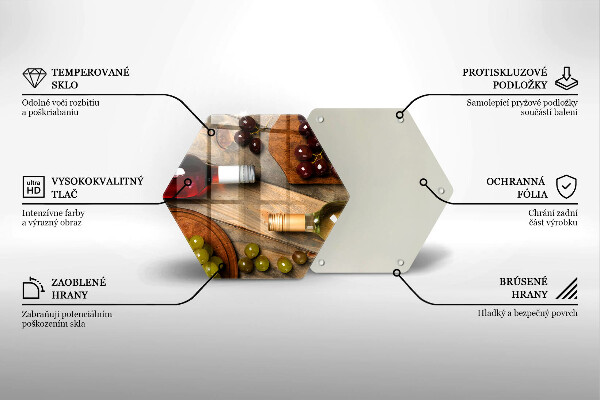 Skärbräda glas sexhörning Vinflaskor och druvor