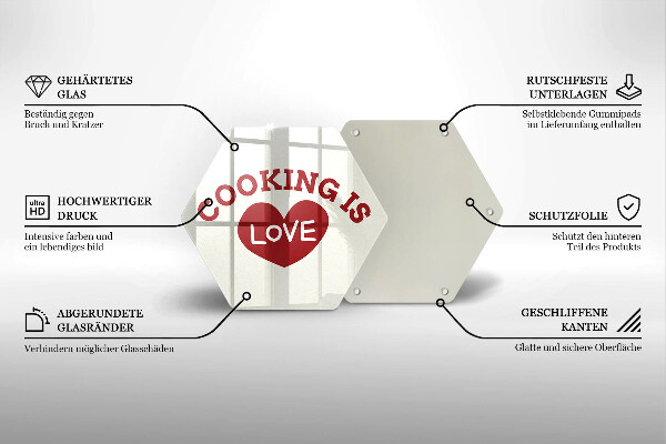 Skärbräda glas sexhörning Inskription Matlagning är kärlek
