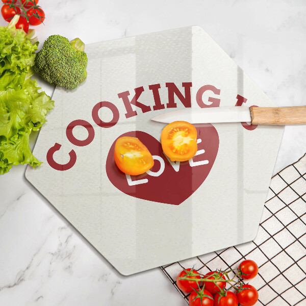 Skärbräda glas sexhörning Inskription Matlagning är kärlek