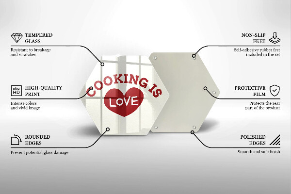 Skärbräda glas sexhörning Inskription Matlagning är kärlek