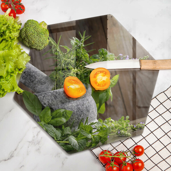 Skärbräda glas sexhörning Planterar örter och trä