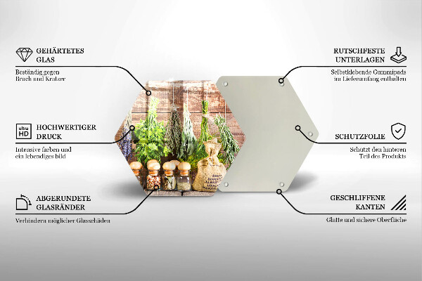 Skärbräda glas sexhörning Örter kryddor och trä